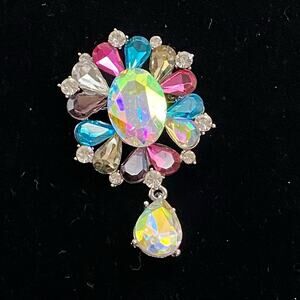 Silver Drop Crystal Rose Flower BROOCH Pin Badge Diamante Rhinestone Corsage